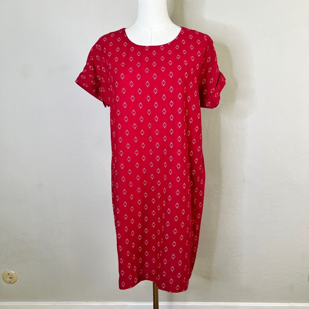 Old Navy Shift Dress Red Geometric Size XS Linen Blend Short Sleeve Keyhole NEW